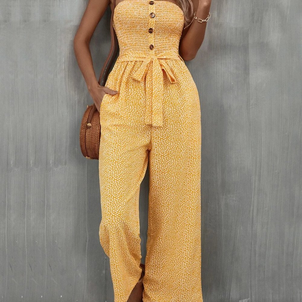 Yellow Boho Womens Allover Print Pocket Side Belted Tube Jumpsuit - Picture 5 of 9